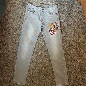 Zara Light Gray Skinny Jeans with Floral Embroidery